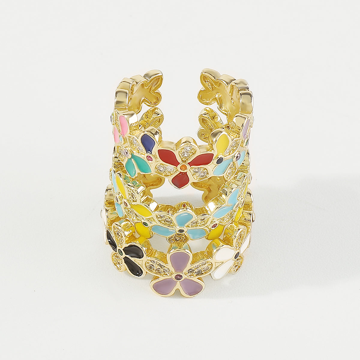 ZR0188 Copper Multi-Color CZ Enamel Flower Rings