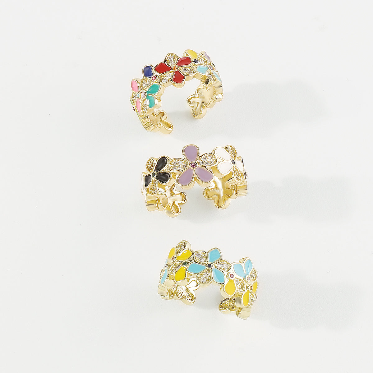 ZR0188 Copper Multi-Color CZ Enamel Flower Rings
