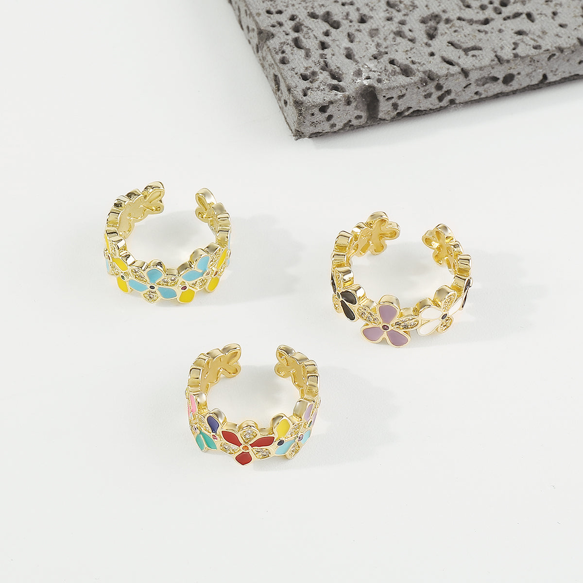 ZR0188 Copper Multi-Color CZ Enamel Flower Rings