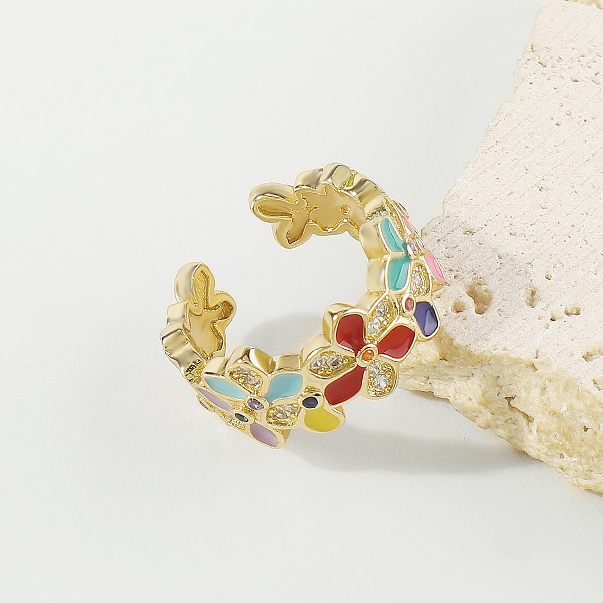 ZR0188 Copper Multi-Color CZ Enamel Flower Rings