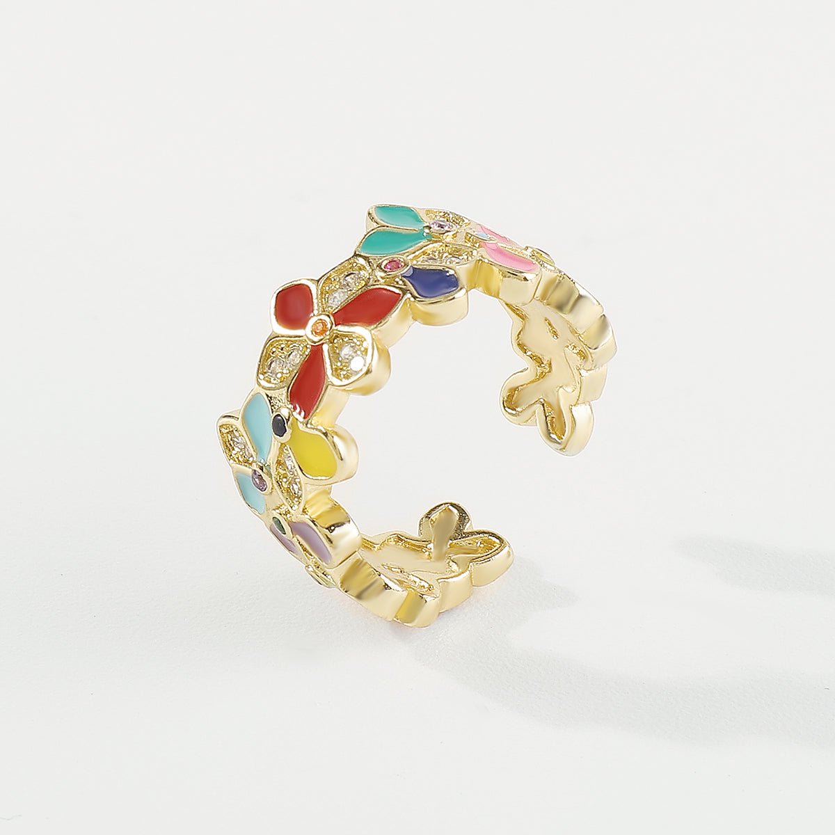 ZR0188 Copper Multi-Color CZ Enamel Flower Rings