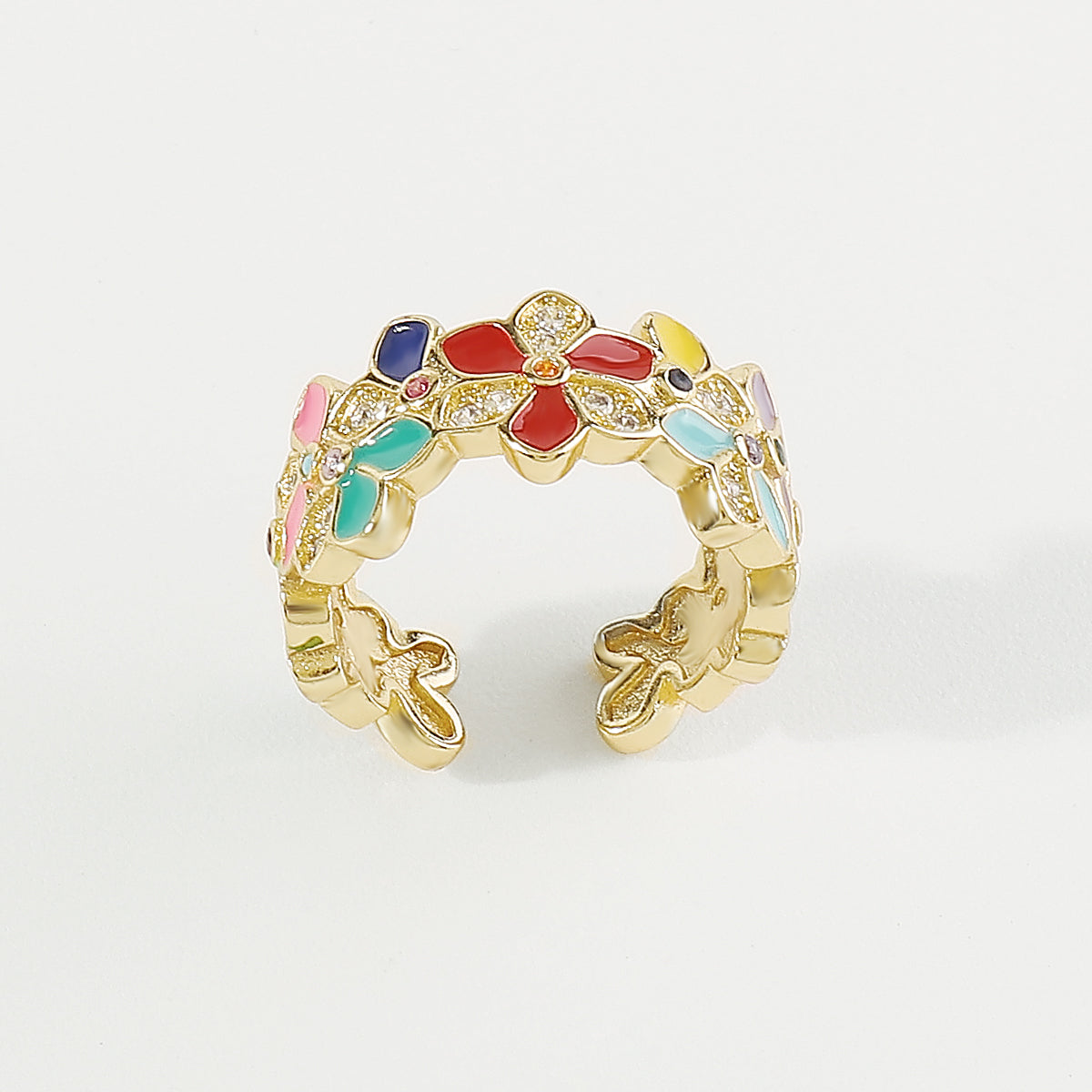 ZR0188 Copper Multi-Color CZ Enamel Flower Rings