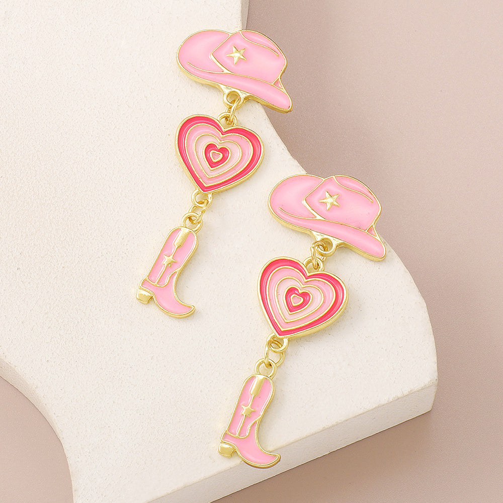 Enamel Cowgirl Pink Hats Drop Earrings medyjewelry