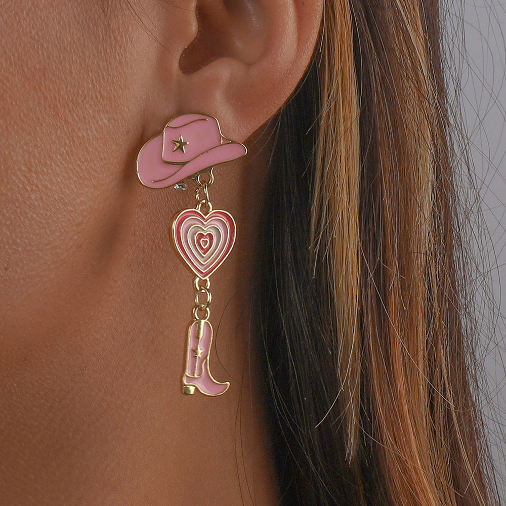 Enamel Cowgirl Pink Hats Drop Earrings medyjewelry