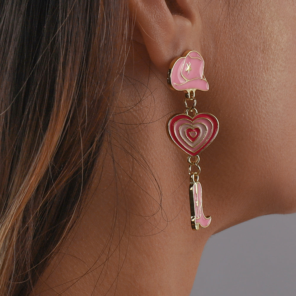 Enamel Cowgirl Pink Hats Drop Earrings medyjewelry