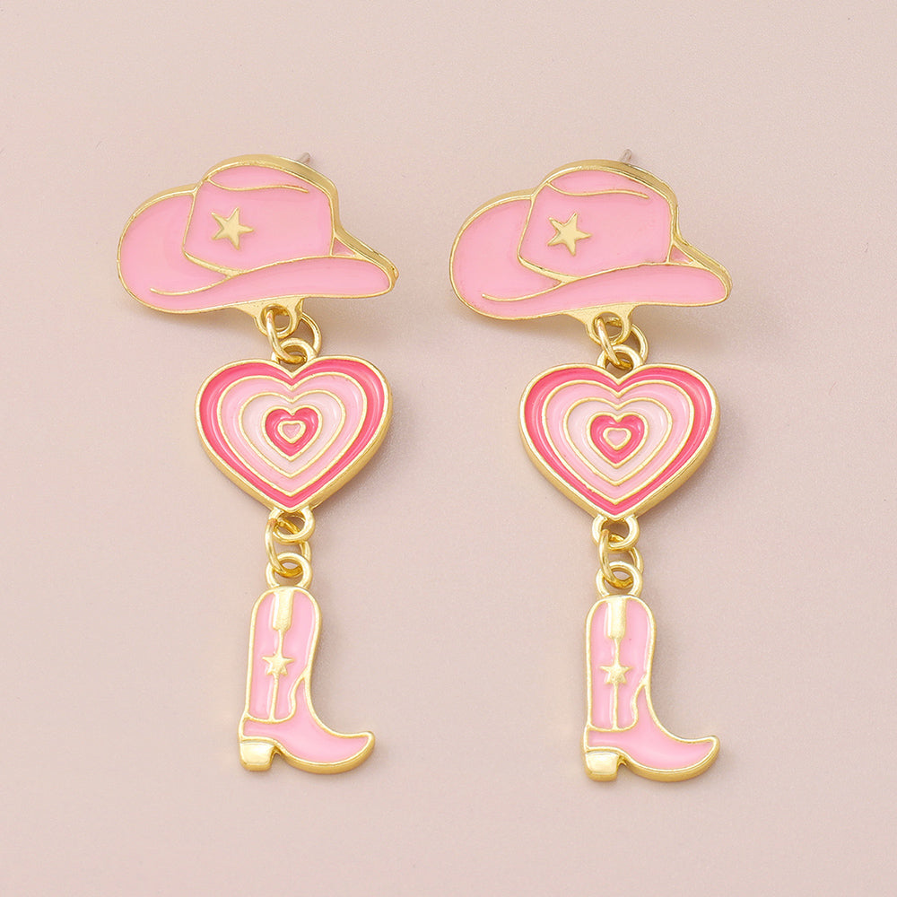 Enamel Cowgirl Pink Hats Drop Earrings medyjewelry