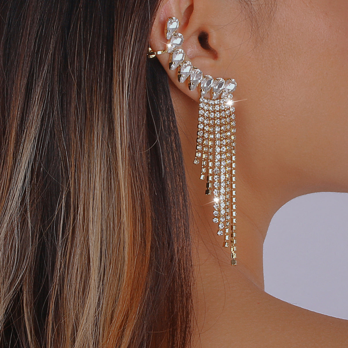 Shiny Rhinestone Chain Long Tassel Drop Earrings medyjewelry