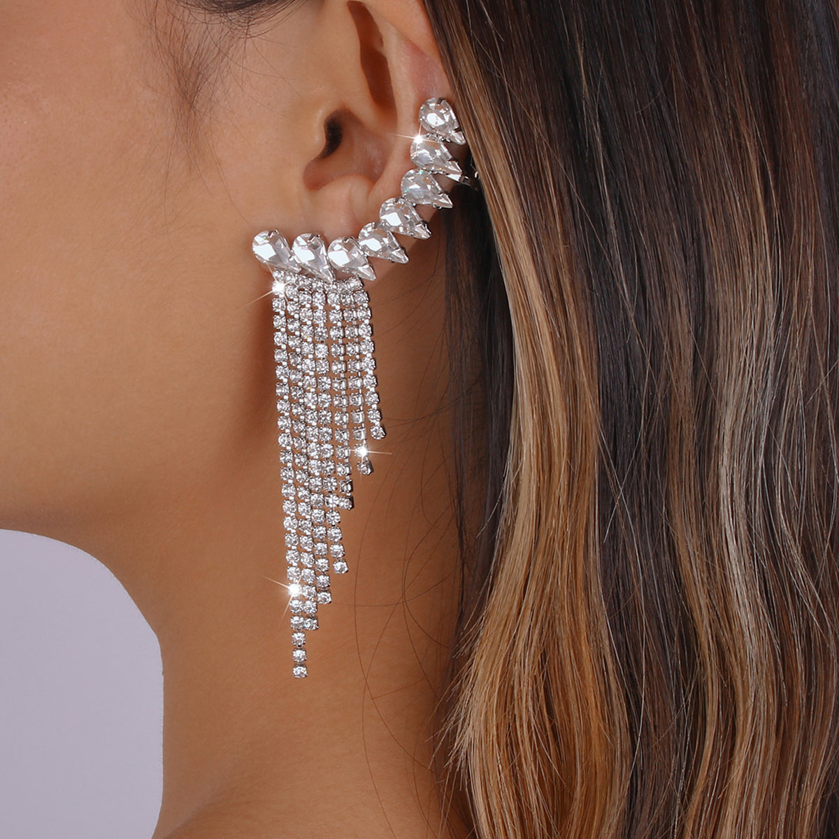 Shiny Rhinestone Chain Long Tassel Drop Earrings medyjewelry