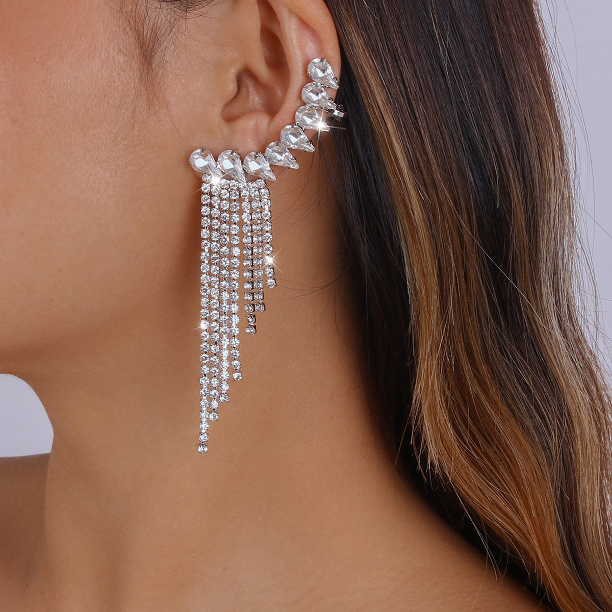 Shiny Rhinestone Chain Long Tassel Drop Earrings medyjewelry