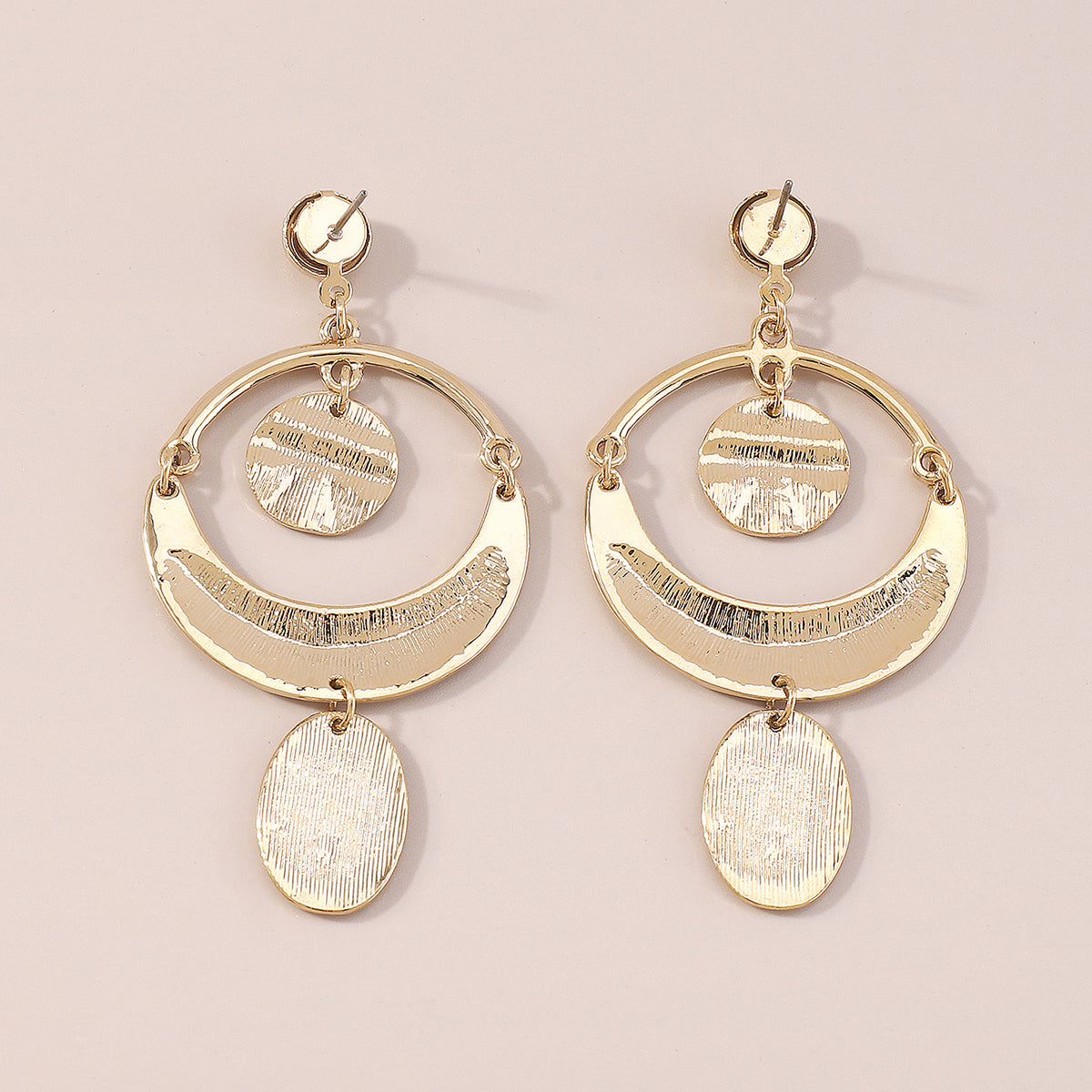 Shinny Gold Plated Hammered Round Pendant Earrings medyjewelry