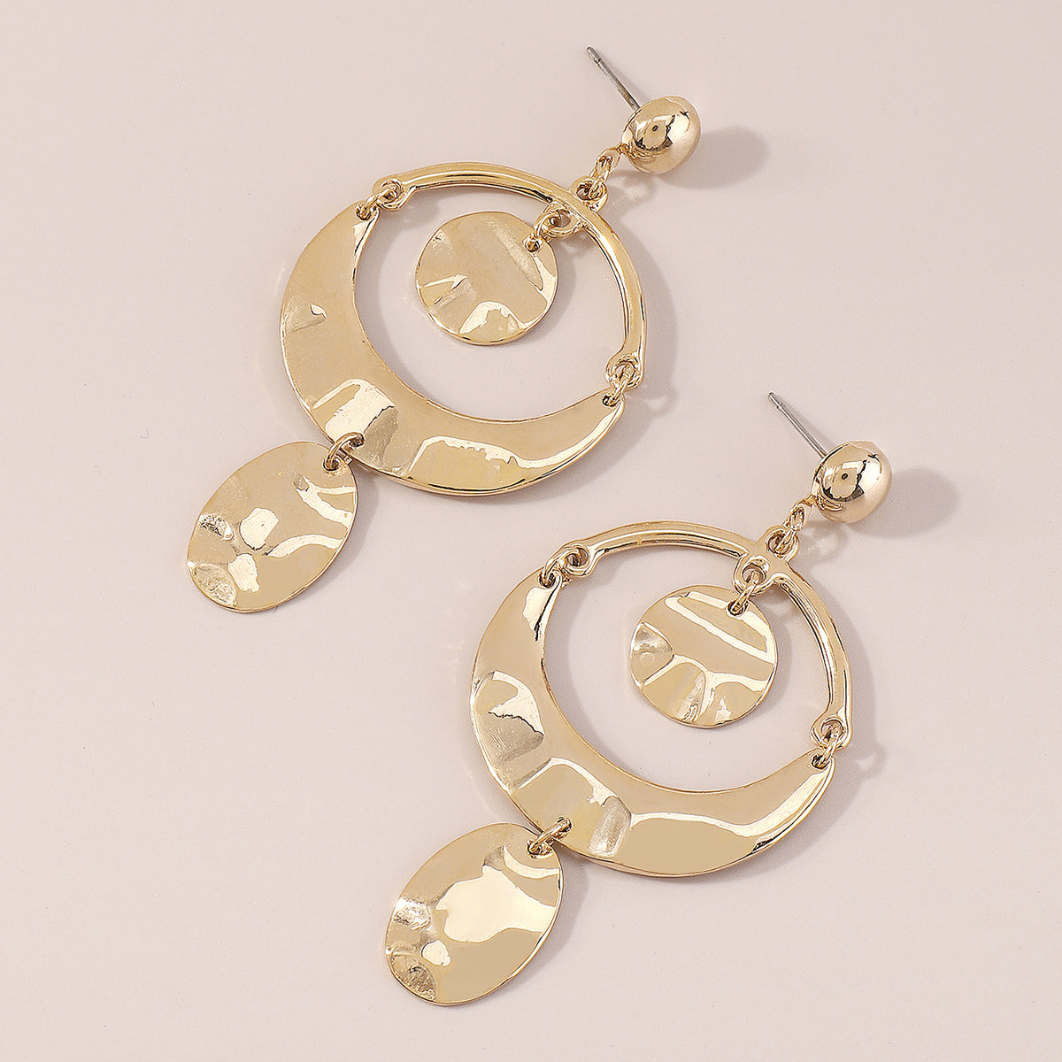 Shinny Gold Plated Hammered Round Pendant Earrings medyjewelry