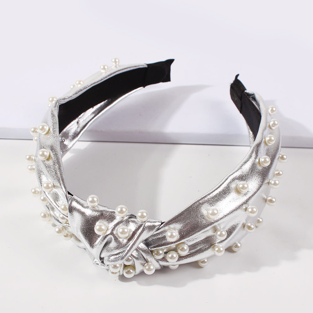 Top Knot Metallic Faux Leather with Pearl Headband medyjewelry
