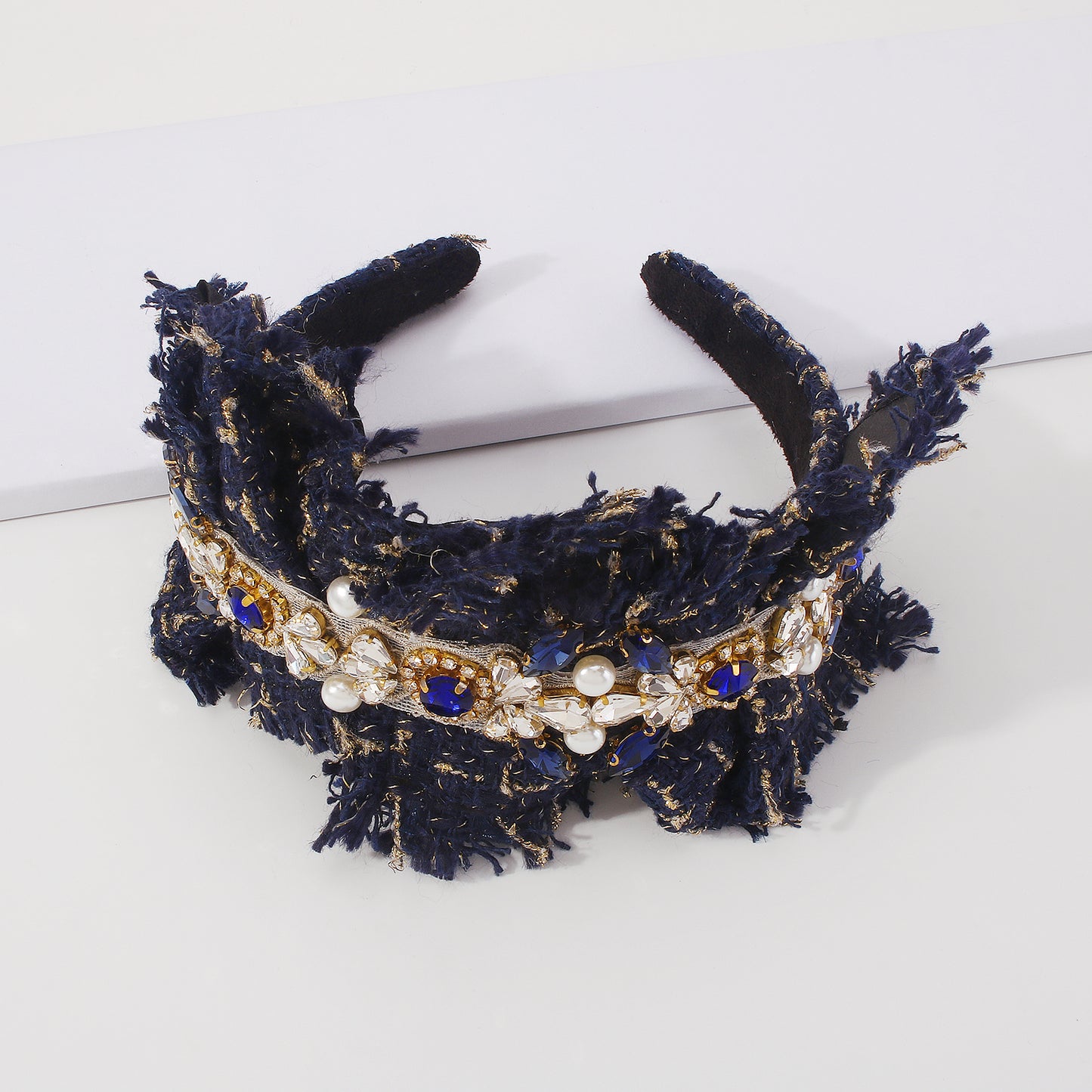 Elegant Tweed Fabric Crystal Pearl Headband medyjewelry
