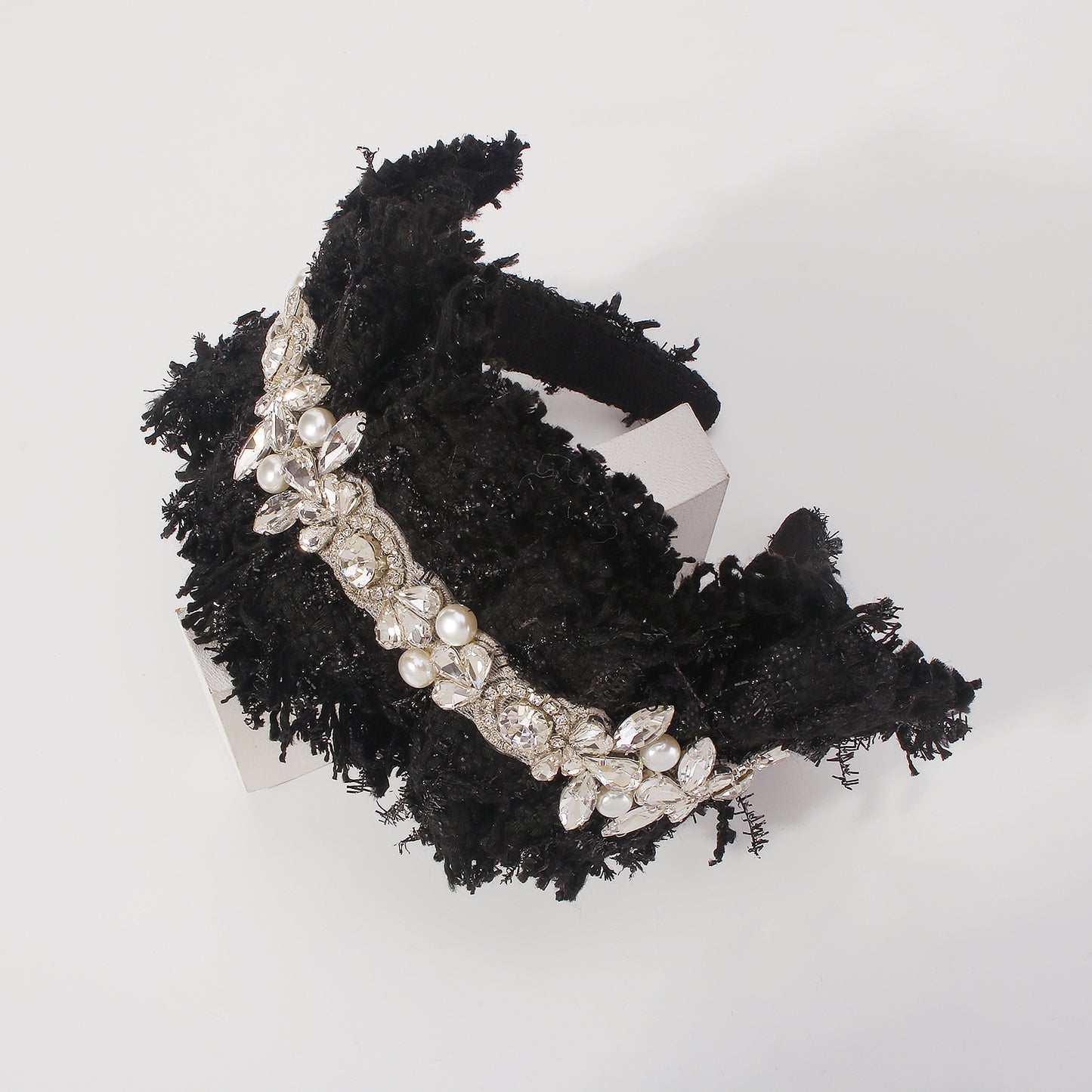 Elegant Tweed Fabric Crystal Pearl Headband medyjewelry