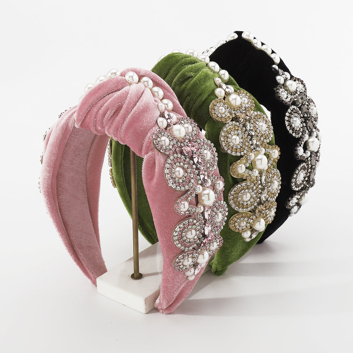 Baroque Big Pearl Crystal Velvet TopKnot Headband medyjewelry
