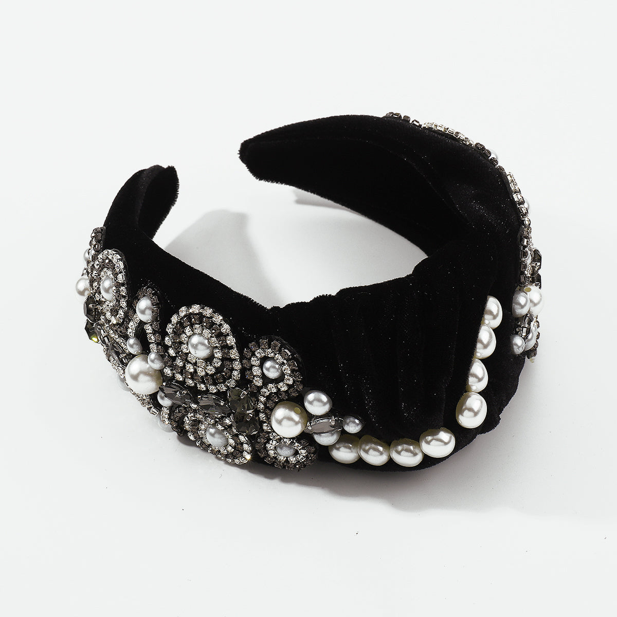 Baroque Big Pearl Crystal Velvet TopKnot Headband medyjewelry