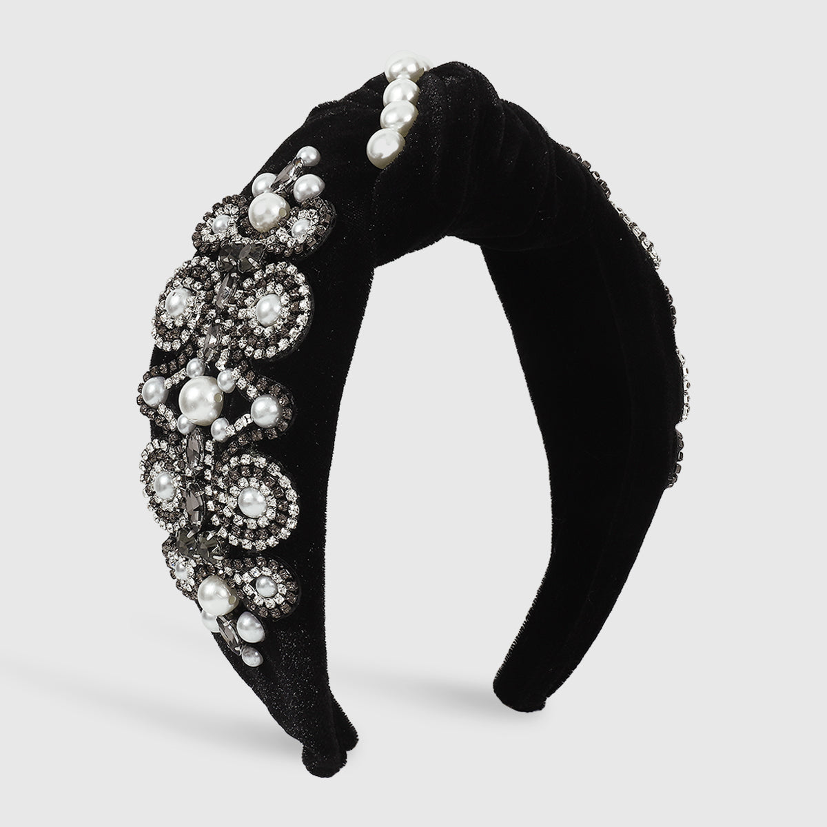 Baroque Big Pearl Crystal Velvet TopKnot Headband medyjewelry