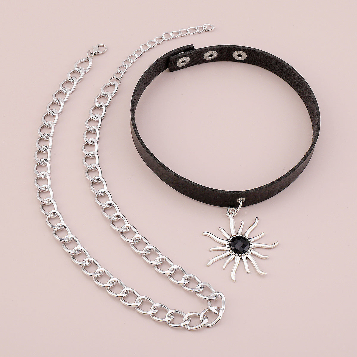 Punk Curb Chain PU Leather Sun Pendant Necklace medyjewelry