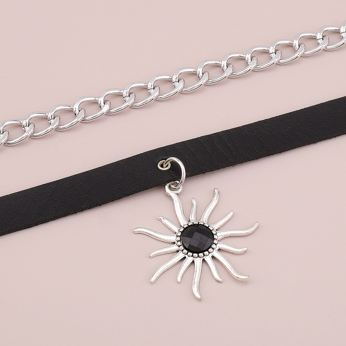 Punk Curb Chain PU Leather Sun Pendant Necklace medyjewelry