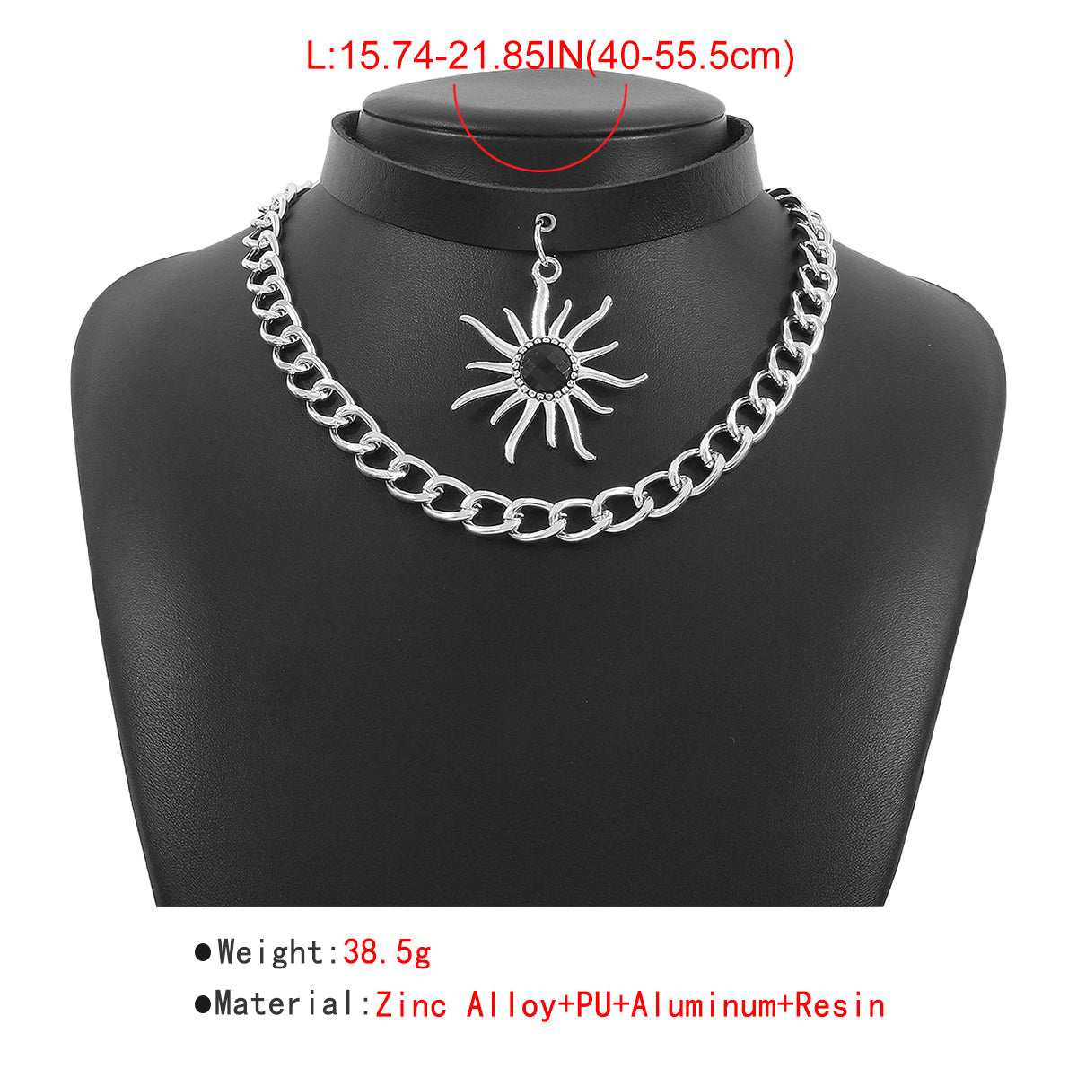 Punk Curb Chain PU Leather Sun Pendant Necklace medyjewelry