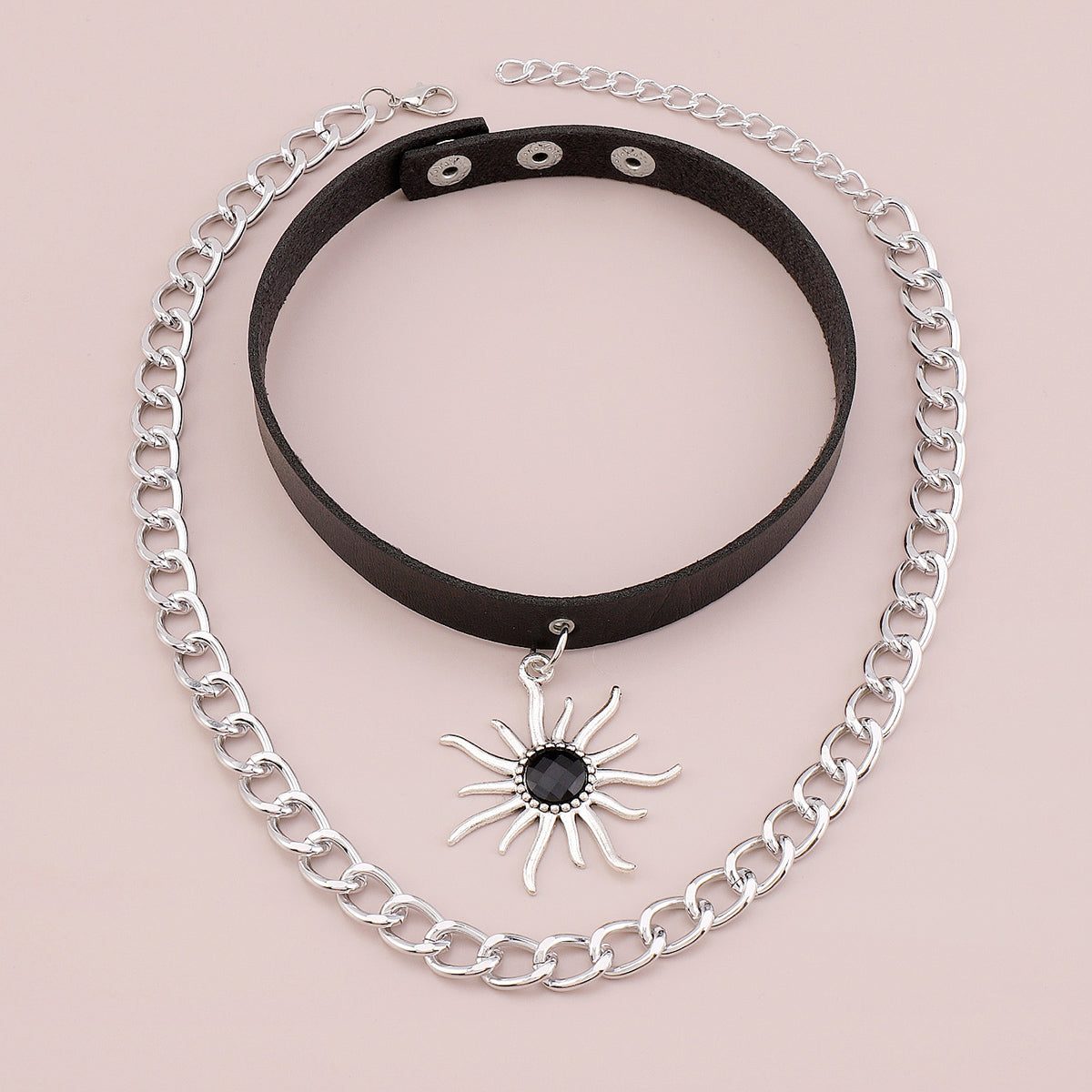 Punk Curb Chain PU Leather Sun Pendant Necklace medyjewelry
