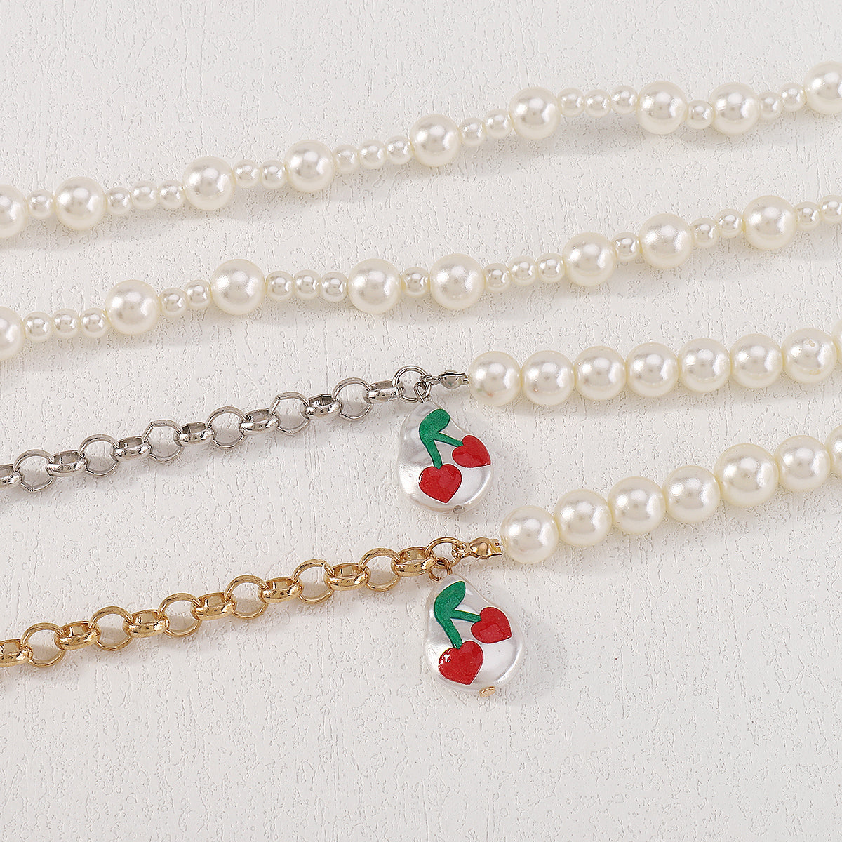 Half Pearl Half Chain Print Cherry Necklace medyjewelry