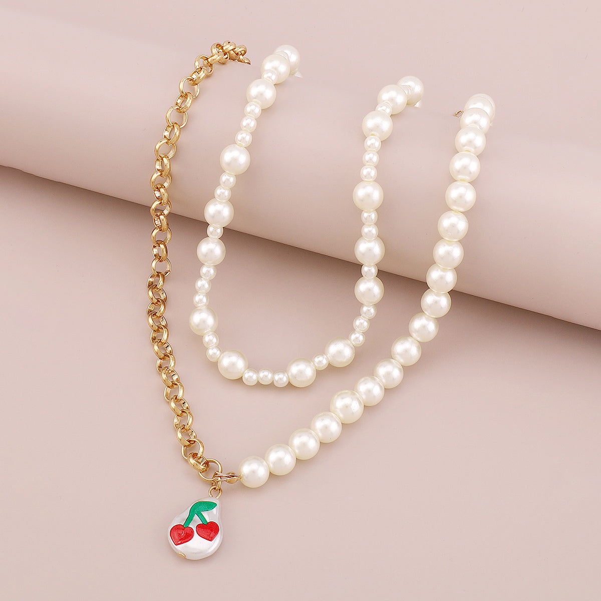 Half Pearl Half Chain Print Cherry Necklace medyjewelry