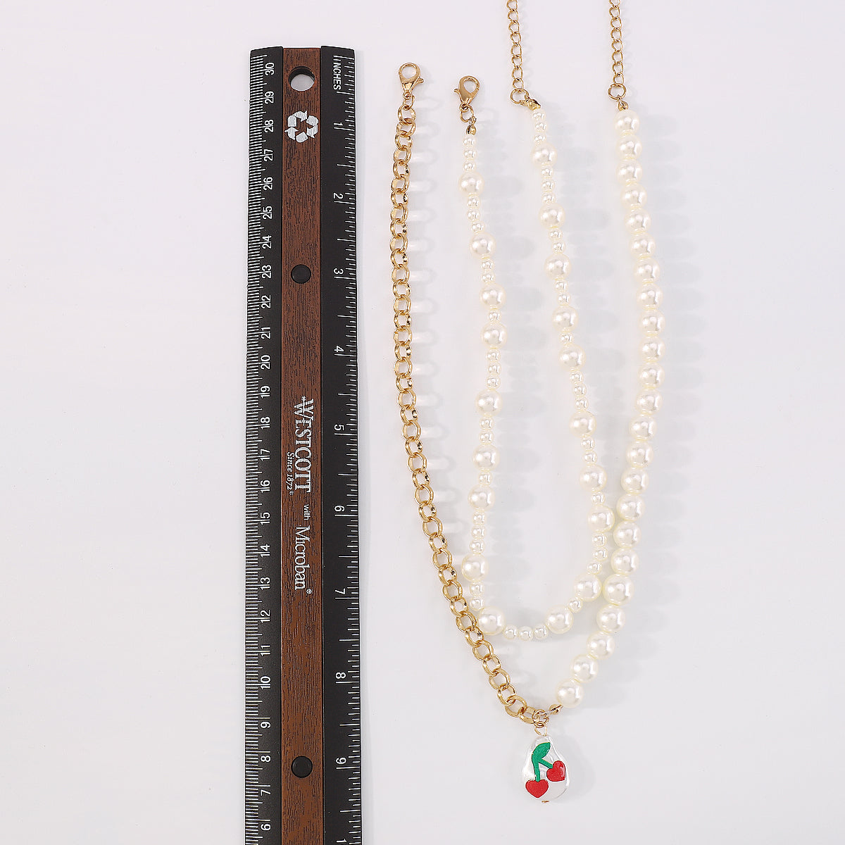 Half Pearl Half Chain Print Cherry Necklace medyjewelry