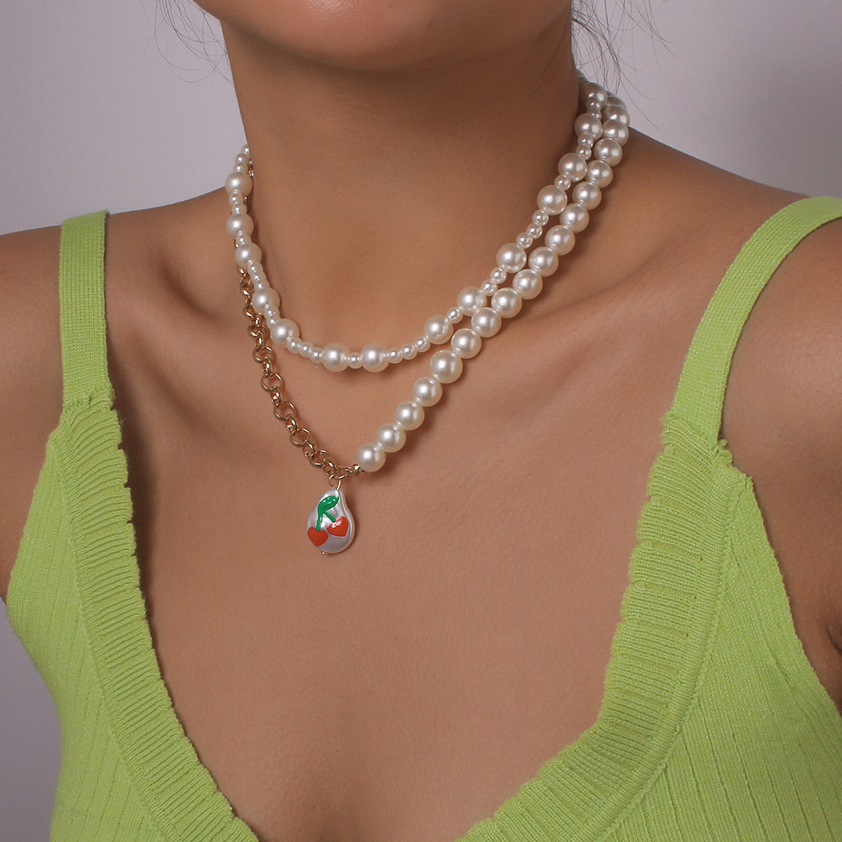 Half Pearl Half Chain Print Cherry Necklace medyjewelry