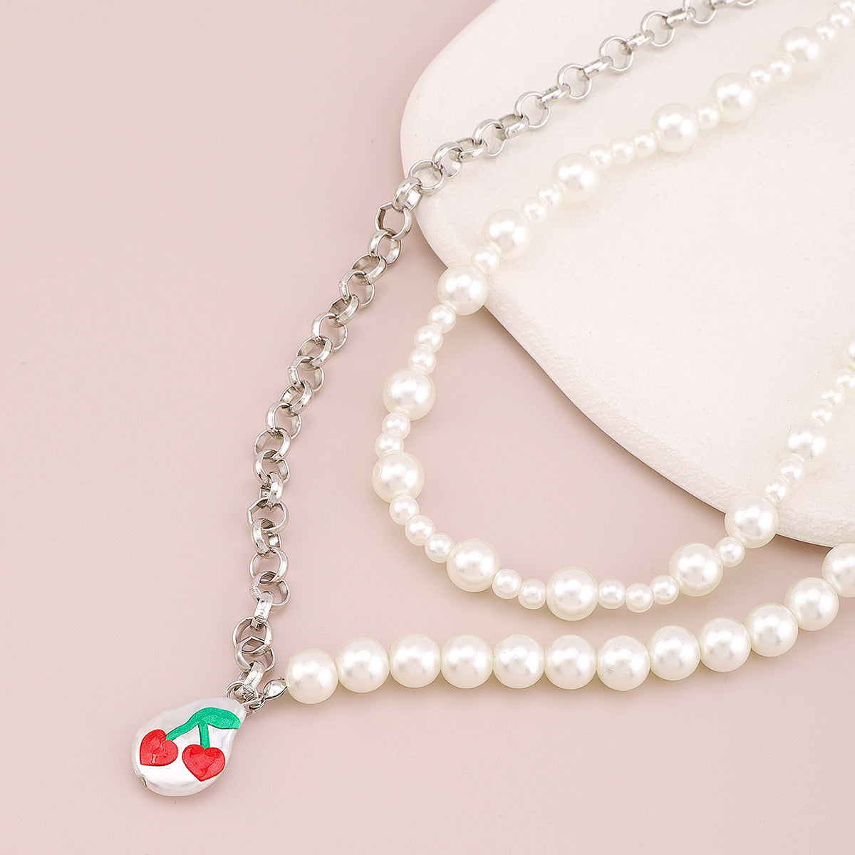 Half Pearl Half Chain Print Cherry Necklace medyjewelry