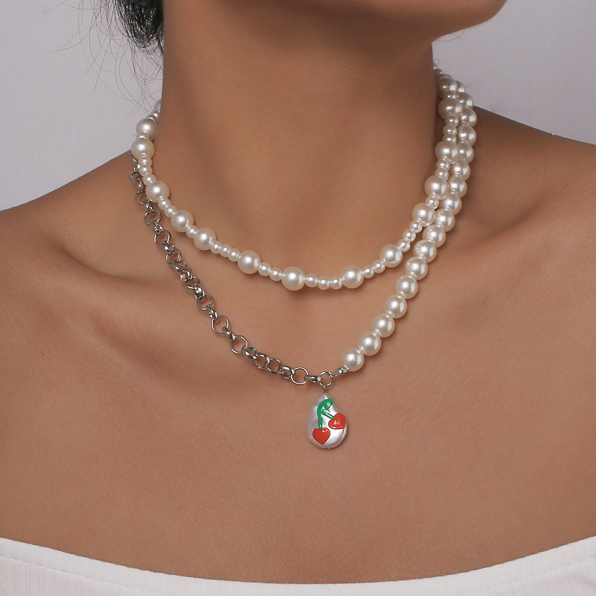Half Pearl Half Chain Print Cherry Necklace medyjewelry