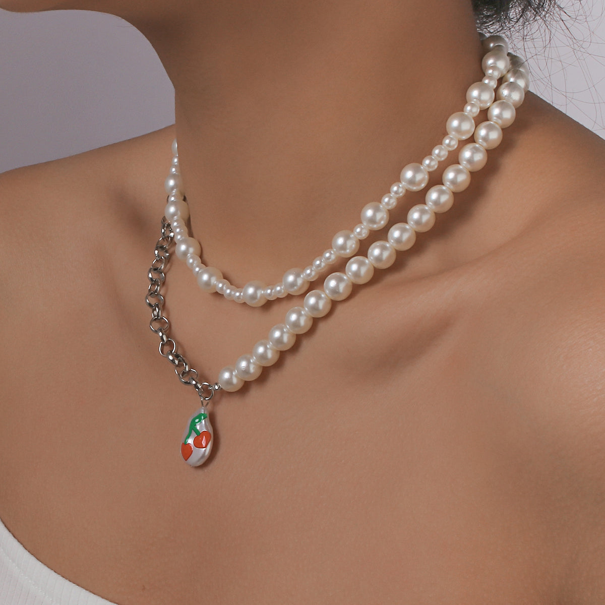 Half Pearl Half Chain Print Cherry Necklace medyjewelry