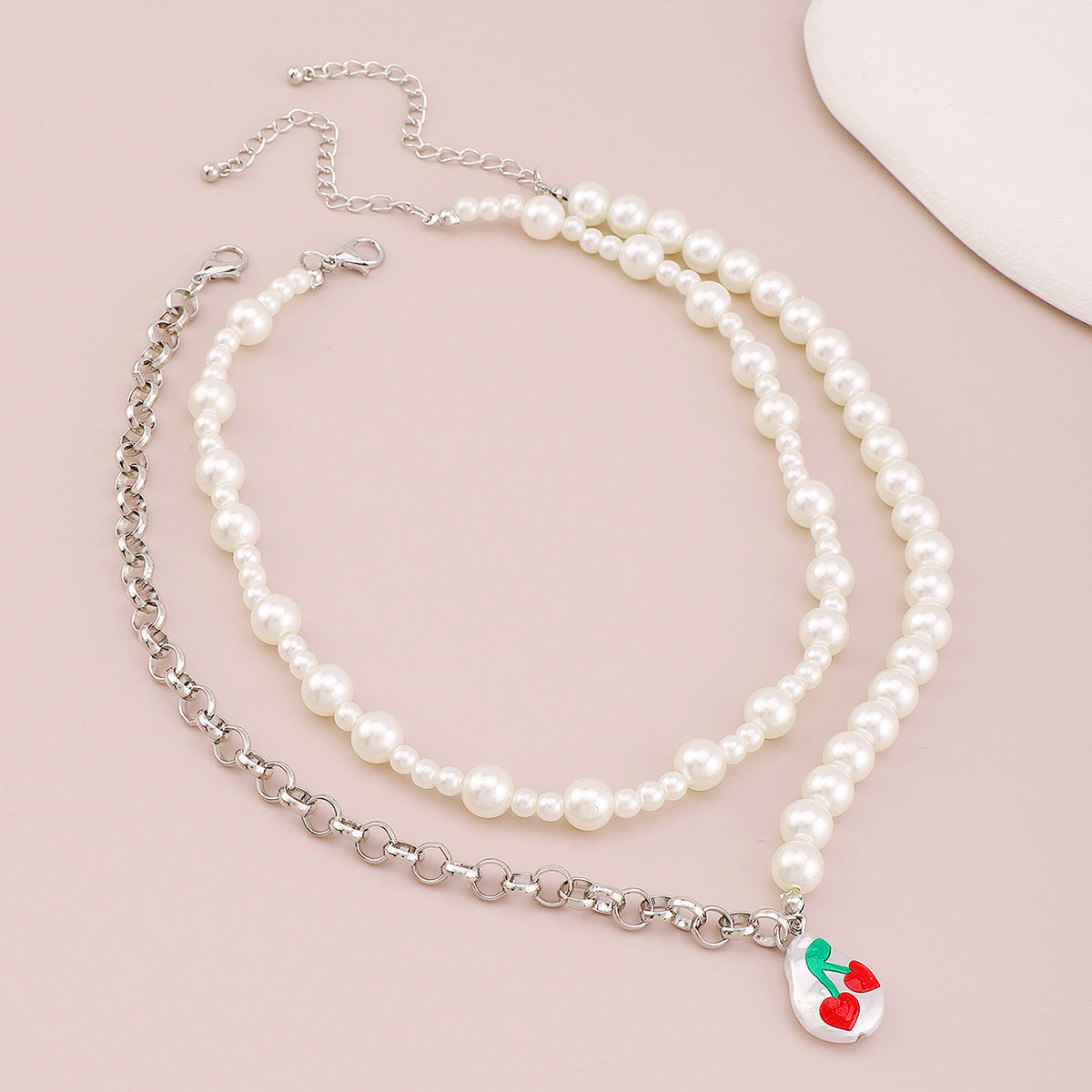 Half Pearl Half Chain Print Cherry Necklace medyjewelry