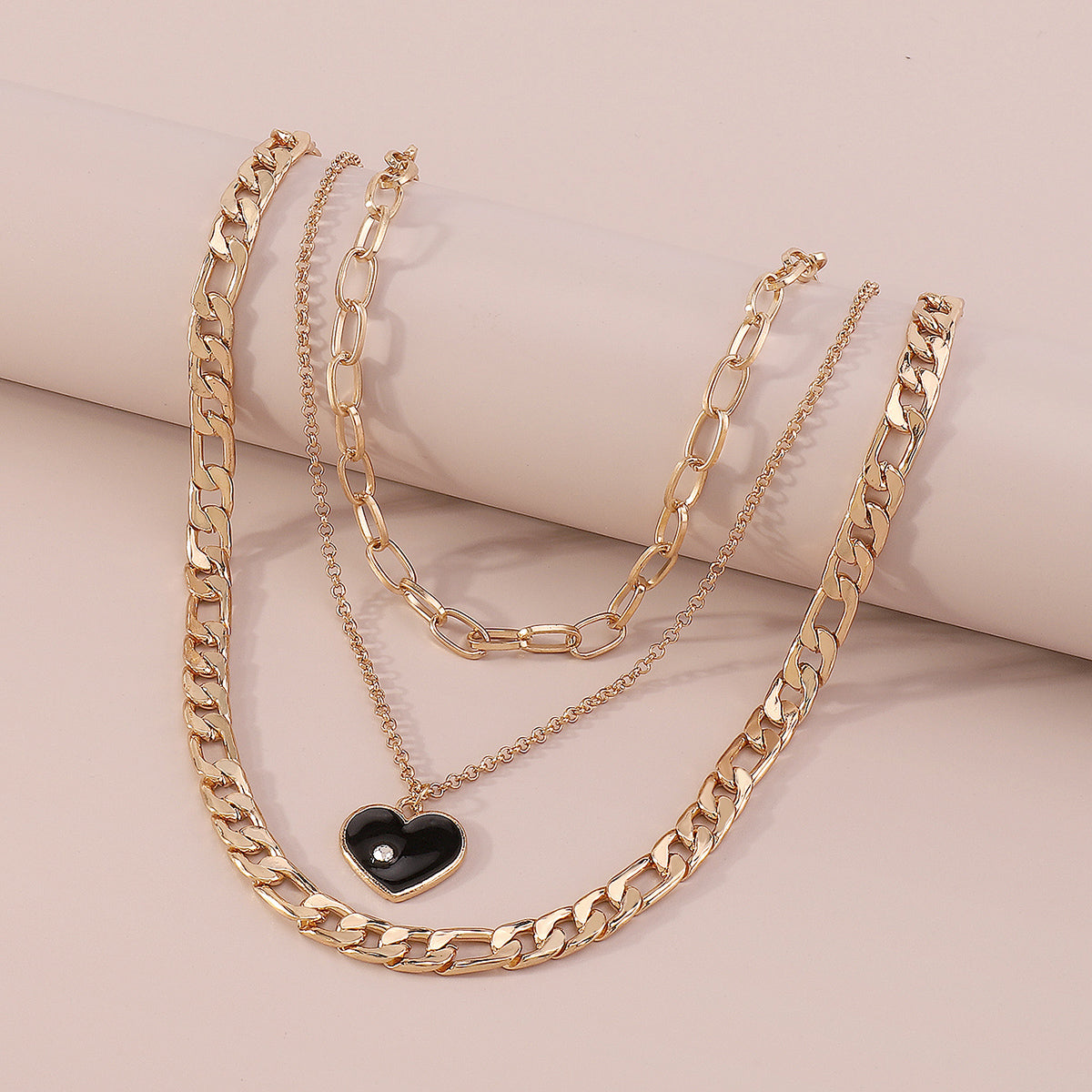 Punk Layered Chain Enamel Heart Pendant Necklace medyjewelry