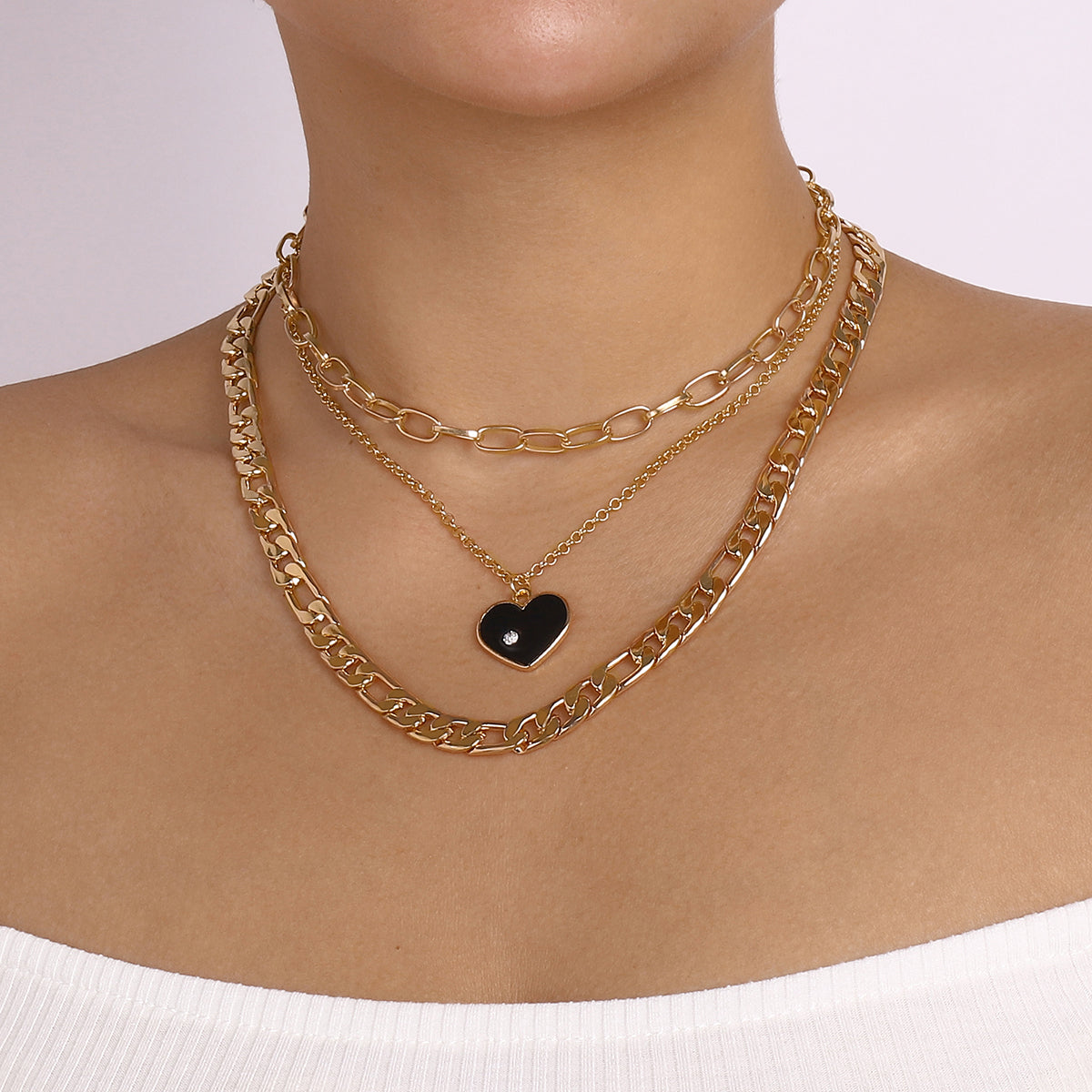 Punk Layered Chain Enamel Heart Pendant Necklace medyjewelry