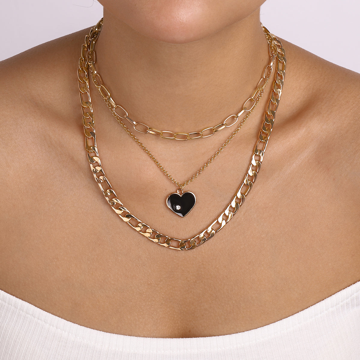 Punk Layered Chain Enamel Heart Pendant Necklace medyjewelry