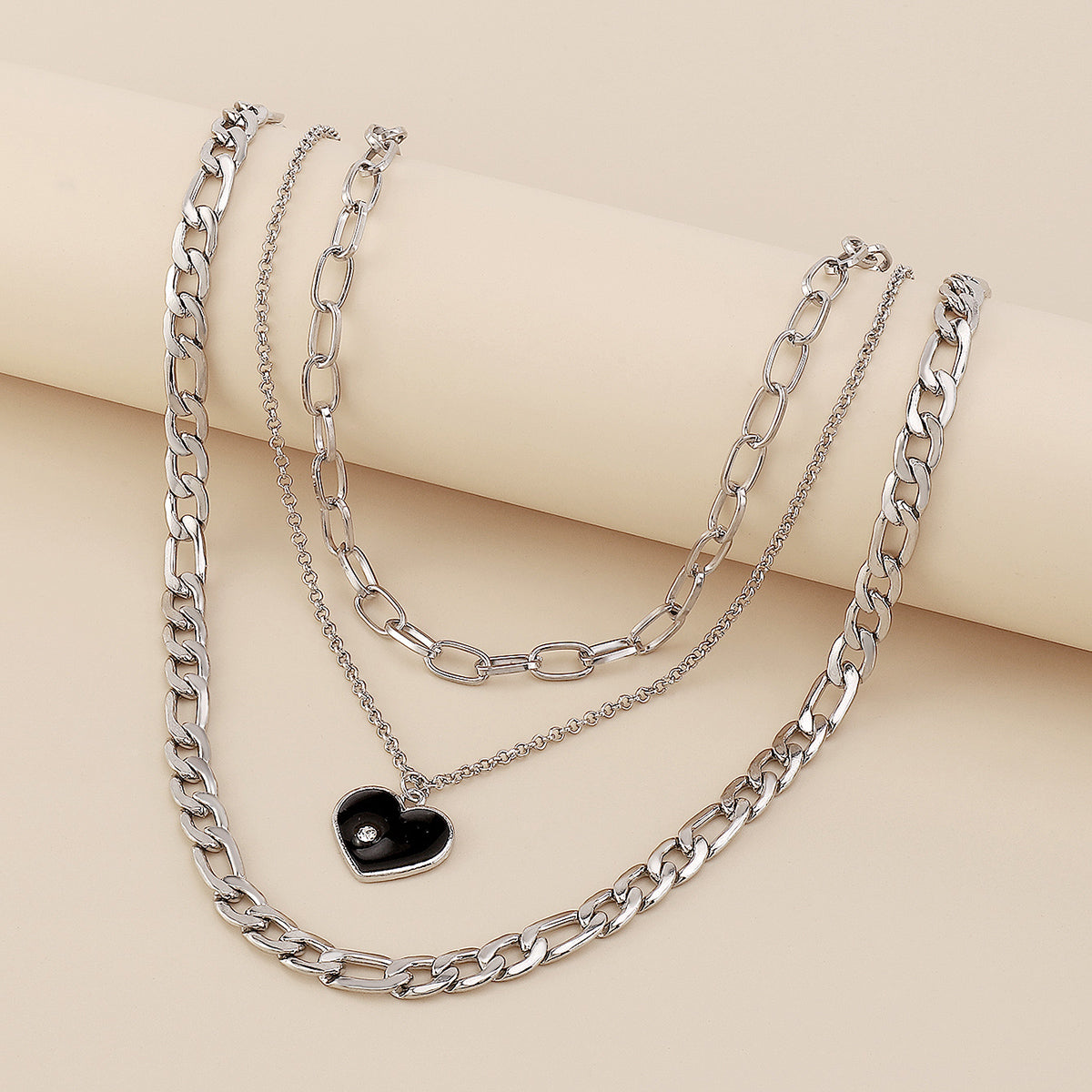 Punk Layered Chain Enamel Heart Pendant Necklace medyjewelry