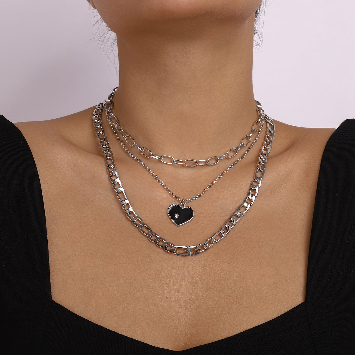 Punk Layered Chain Enamel Heart Pendant Necklace medyjewelry
