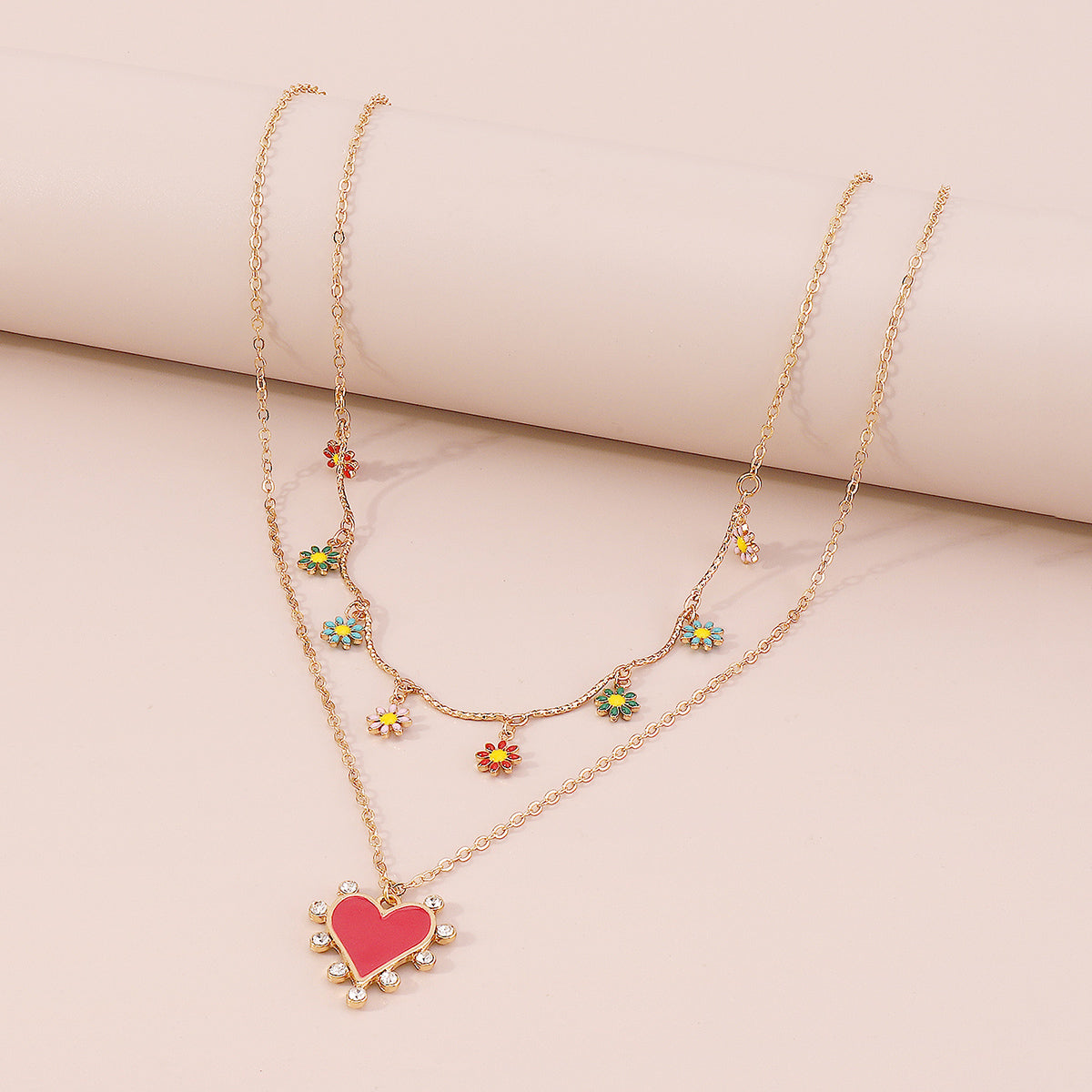 Bohemian Floral Red Enamel Heart Pendant Necklace medyjewelry