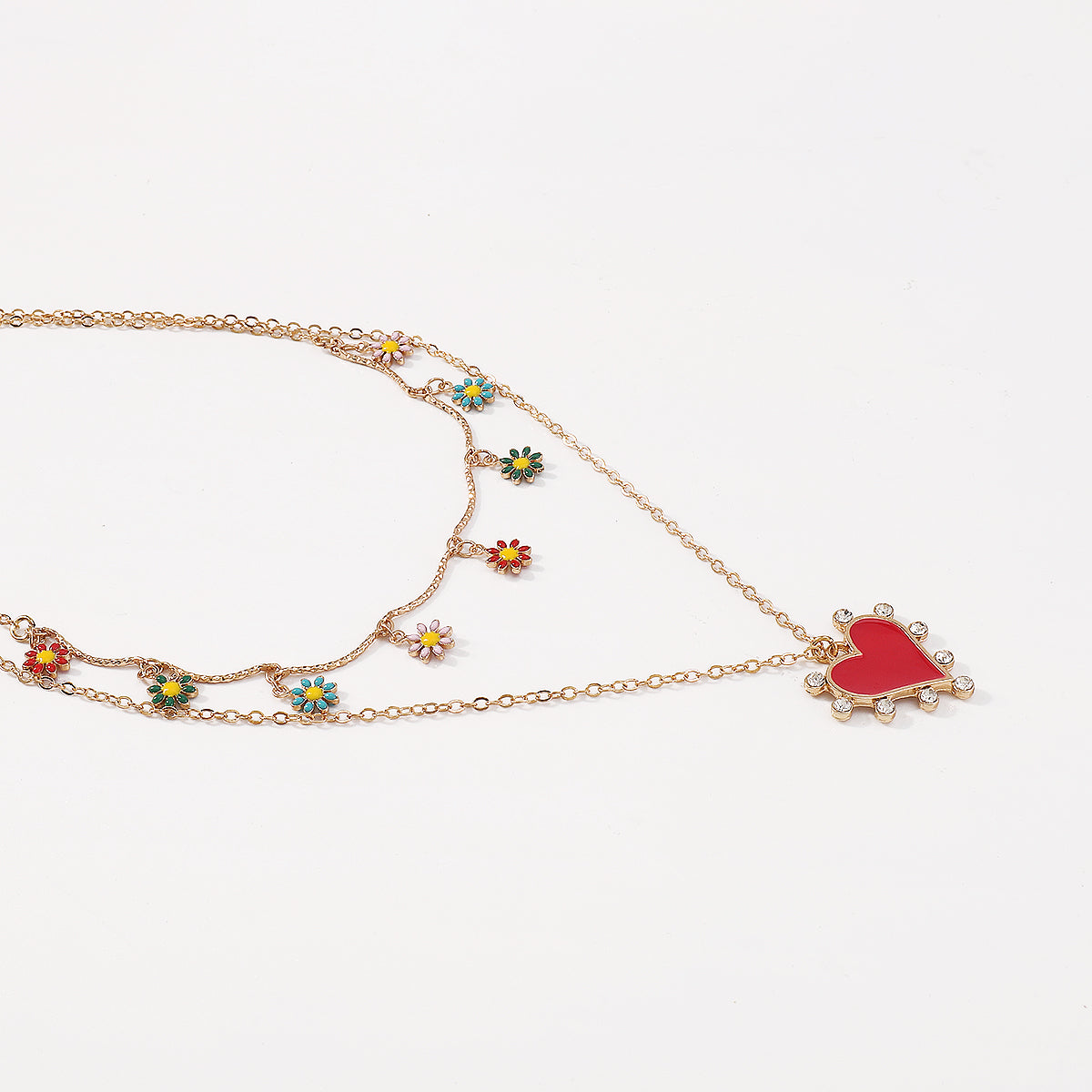 Bohemian Floral Red Enamel Heart Pendant Necklace medyjewelry