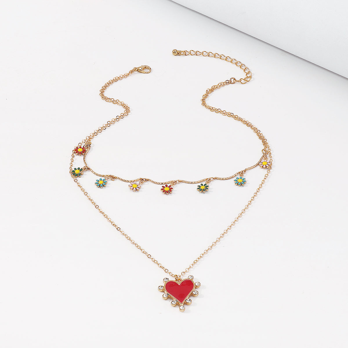 Bohemian Floral Red Enamel Heart Pendant Necklace medyjewelry