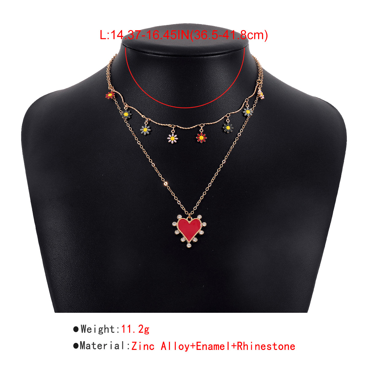 Bohemian Floral Red Enamel Heart Pendant Necklace medyjewelry