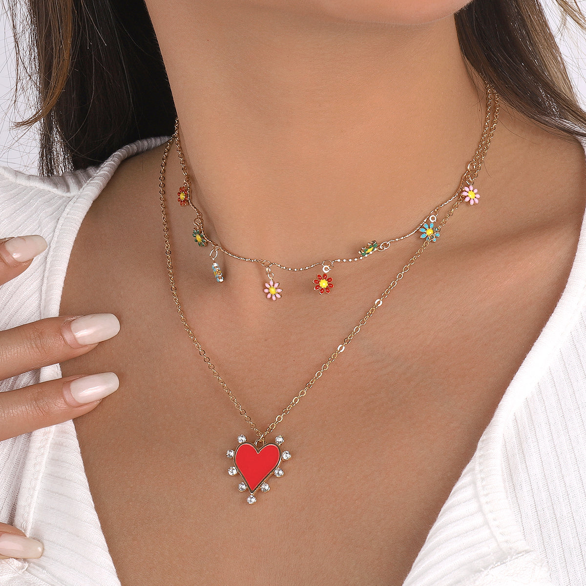 Bohemian Floral Red Enamel Heart Pendant Necklace medyjewelry