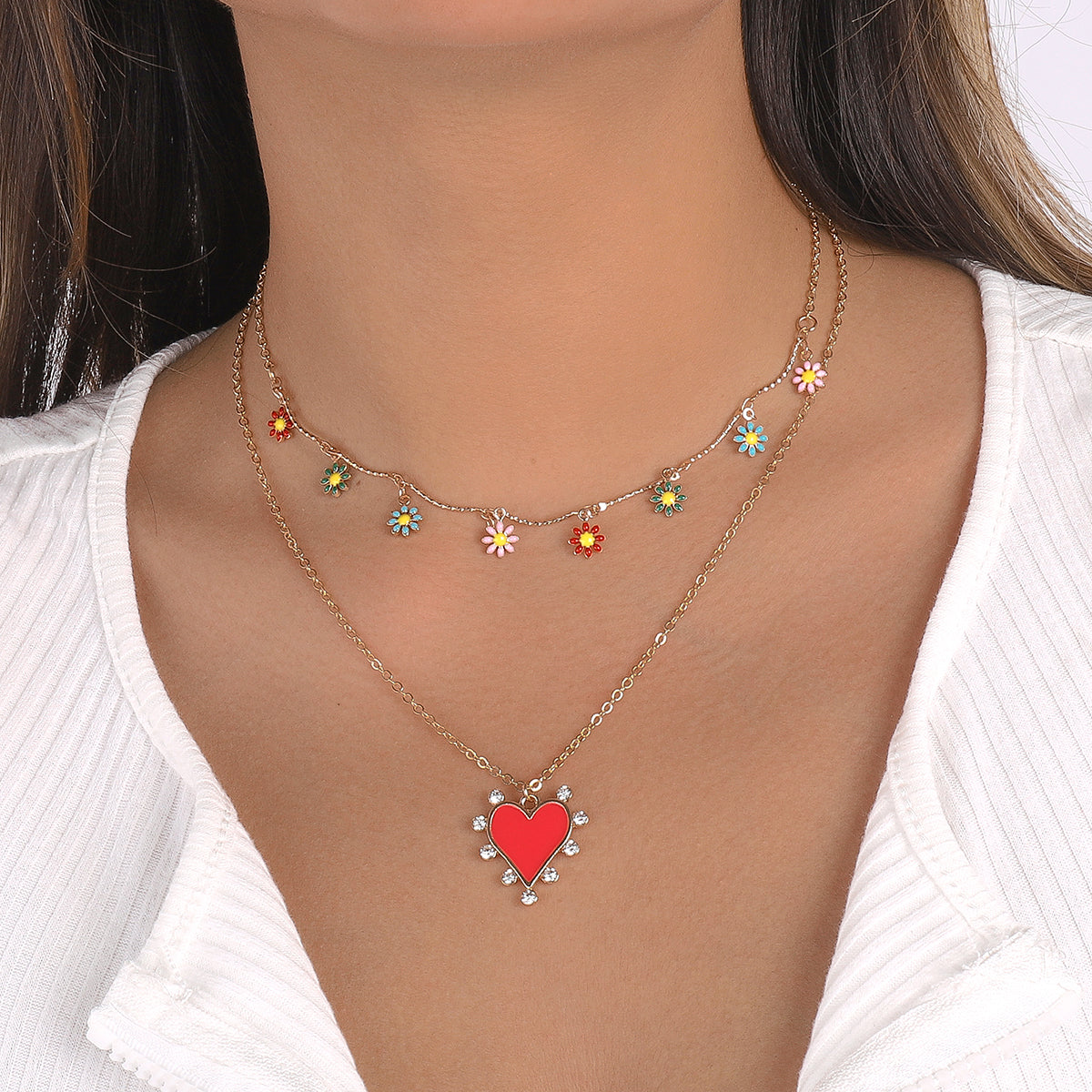 Bohemian Floral Red Enamel Heart Pendant Necklace medyjewelry