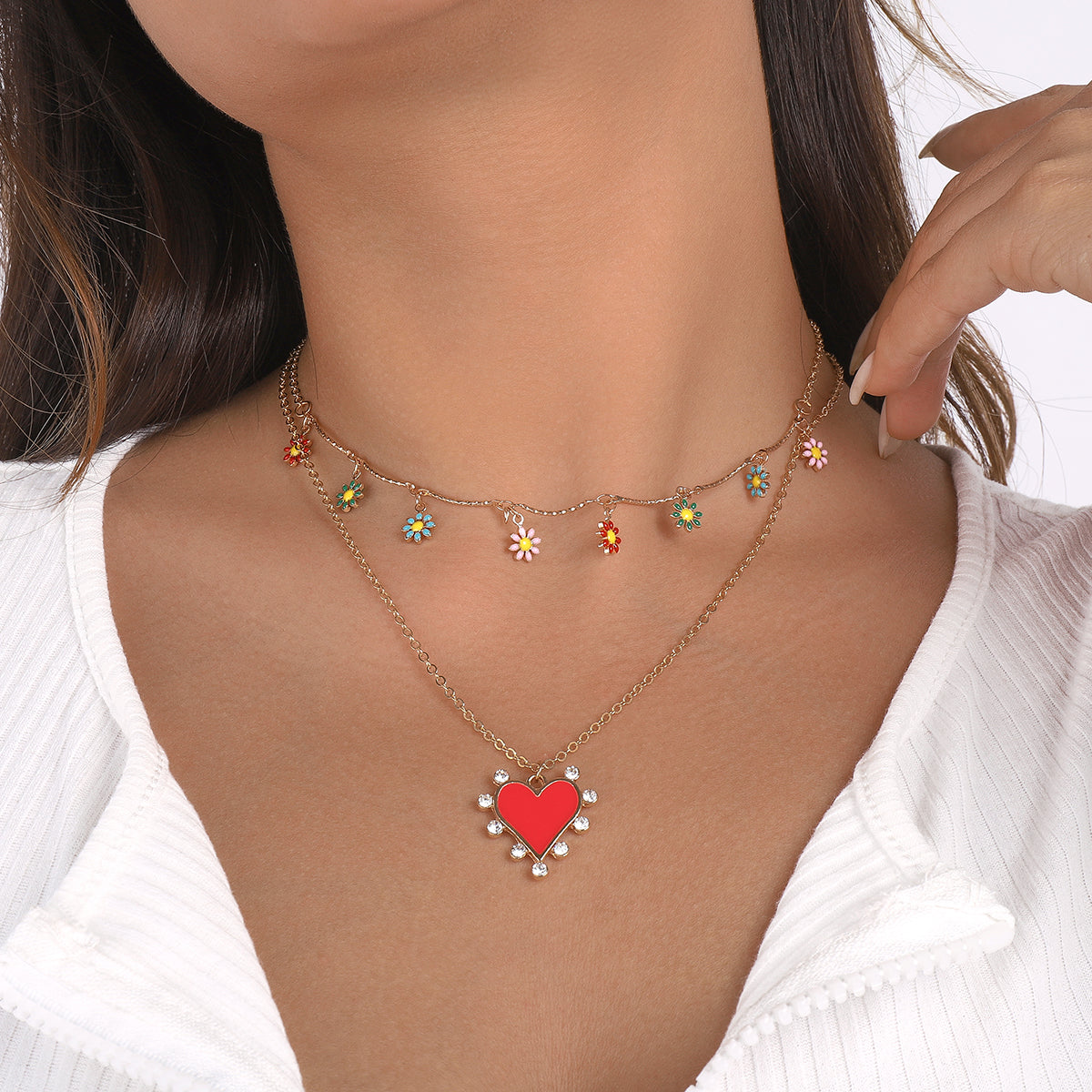 Bohemian Floral Red Enamel Heart Pendant Necklace medyjewelry