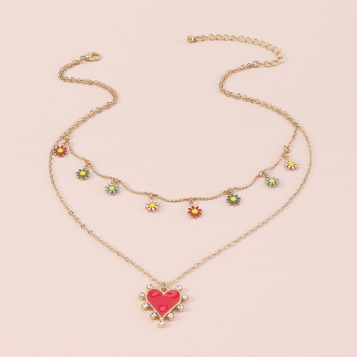 Bohemian Floral Red Enamel Heart Pendant Necklace medyjewelry