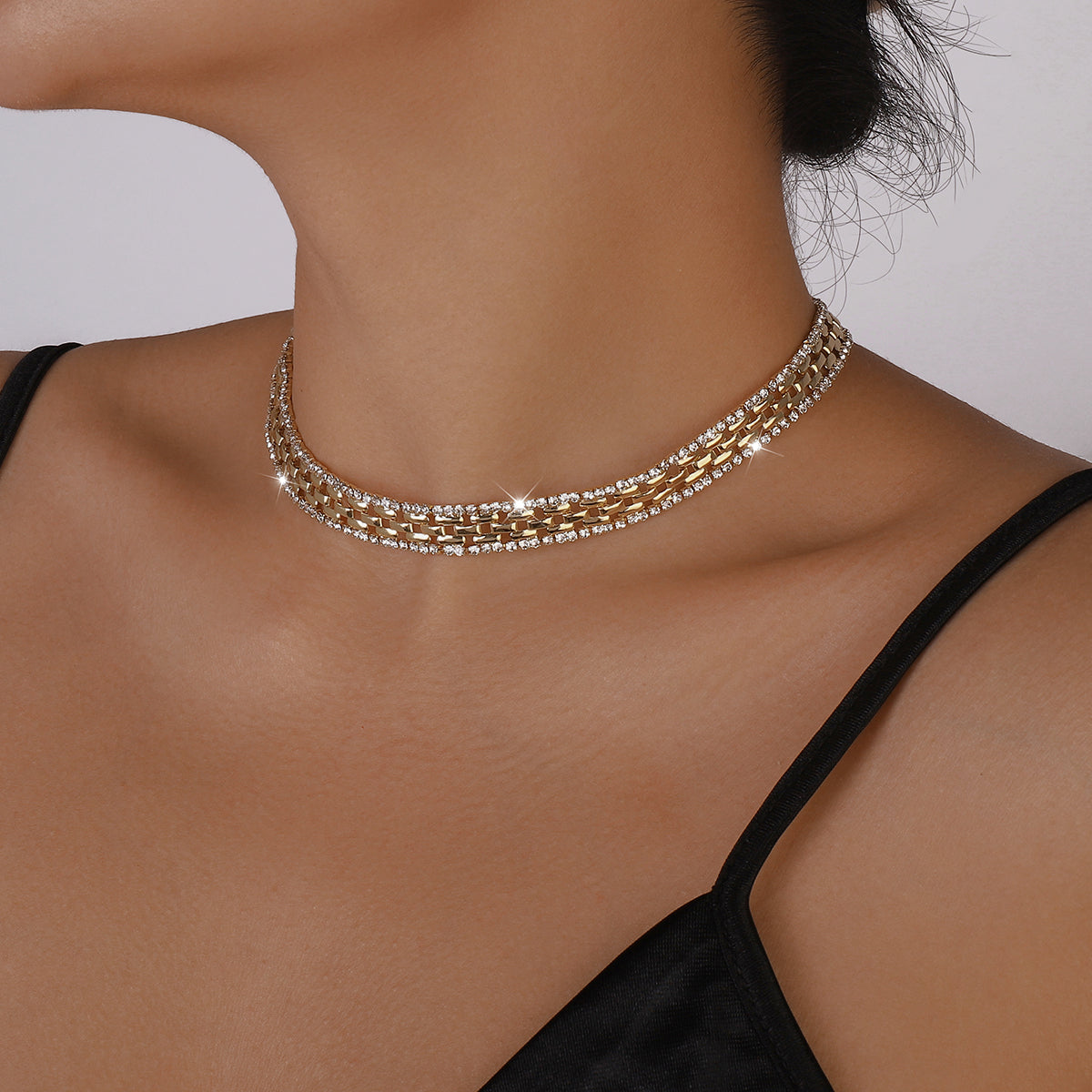 Punk Thick Rhinestone Chains Short Choker Necklace medyjewelry