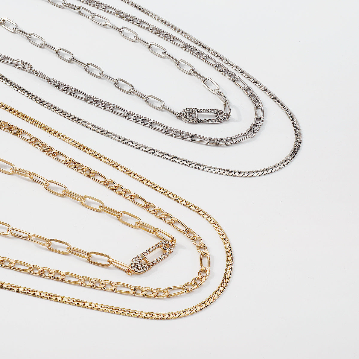 Layered Rhinestone Safety Pin Chain Necklaces medyjewelry
