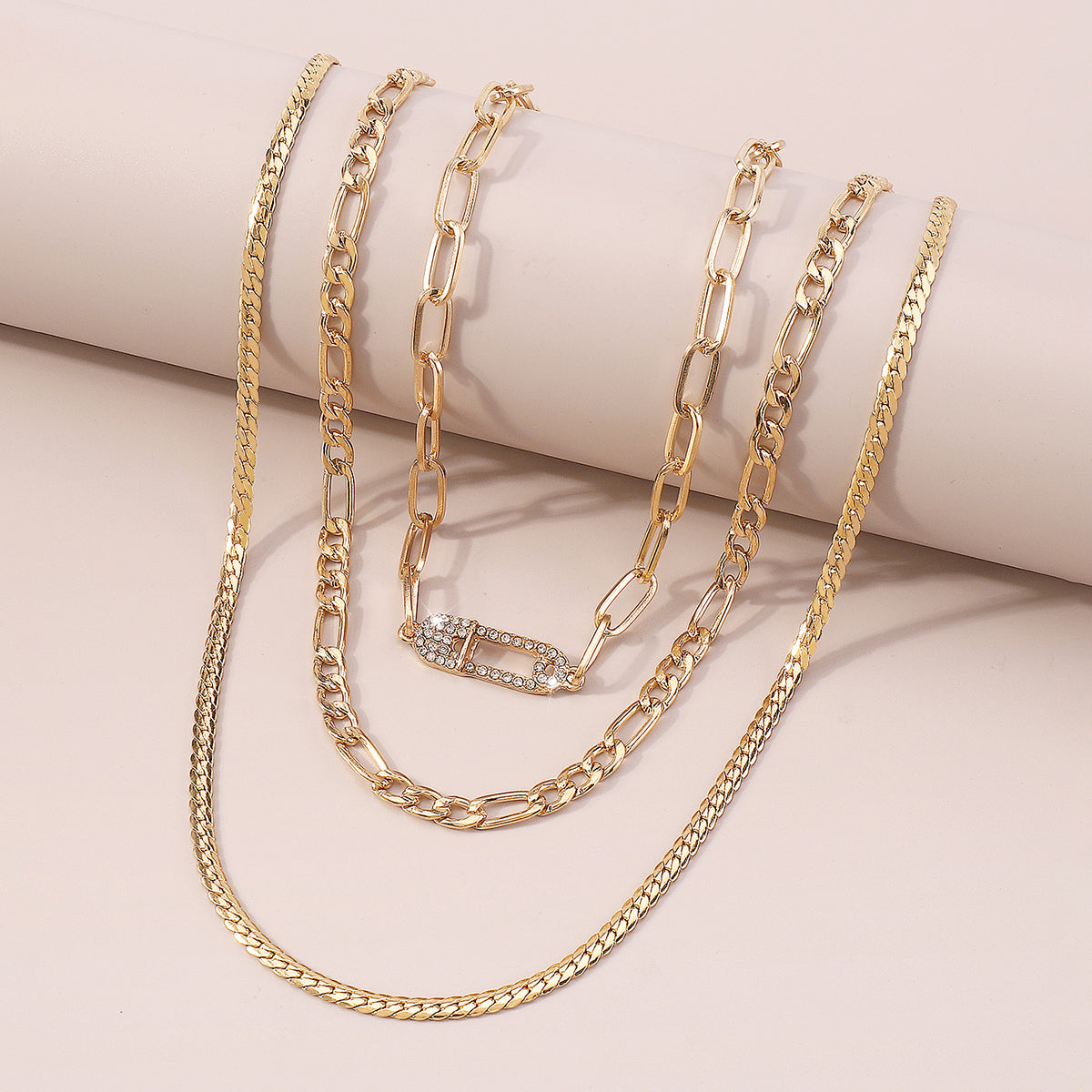 Layered Rhinestone Safety Pin Chain Necklaces medyjewelry