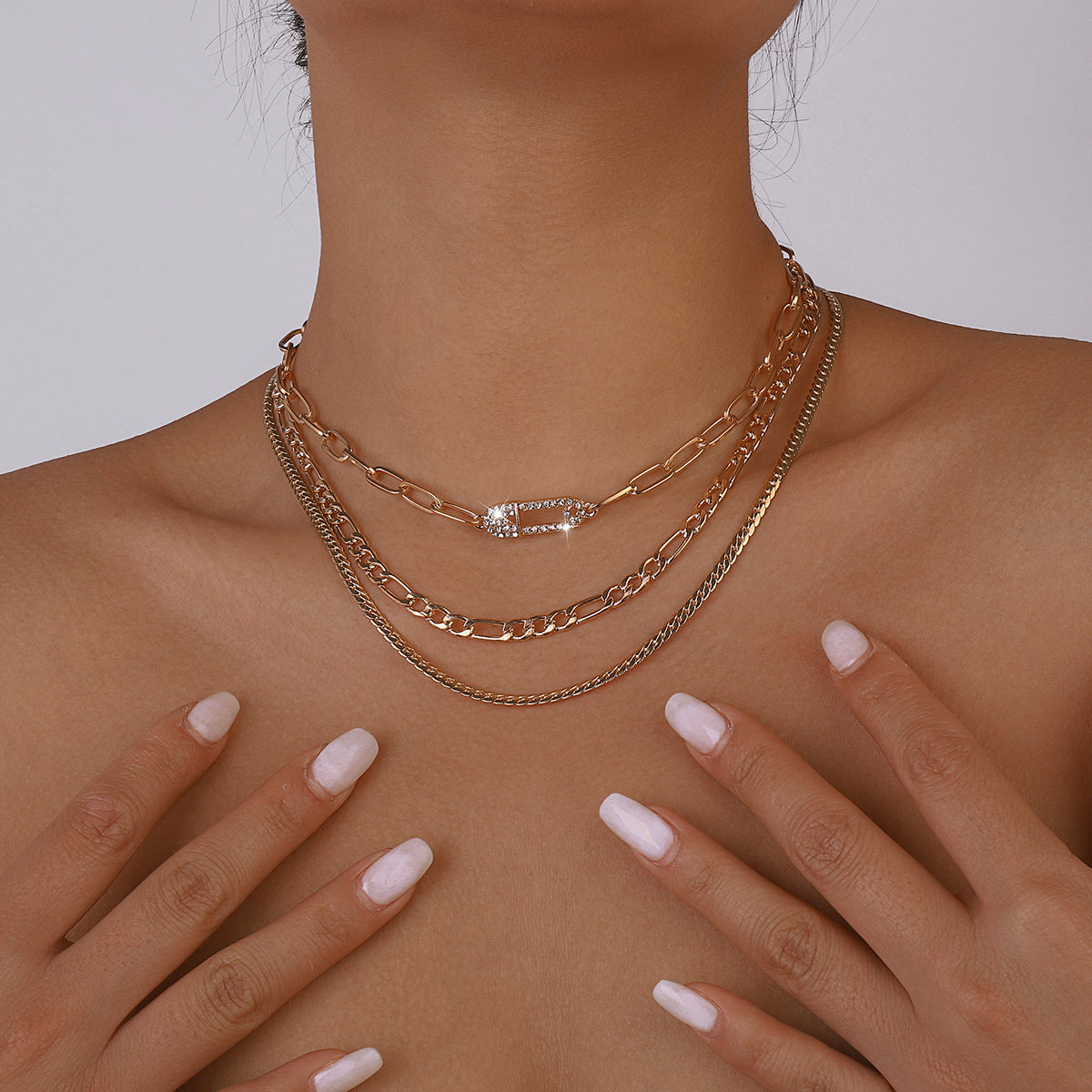 Layered Rhinestone Safety Pin Chain Necklaces medyjewelry